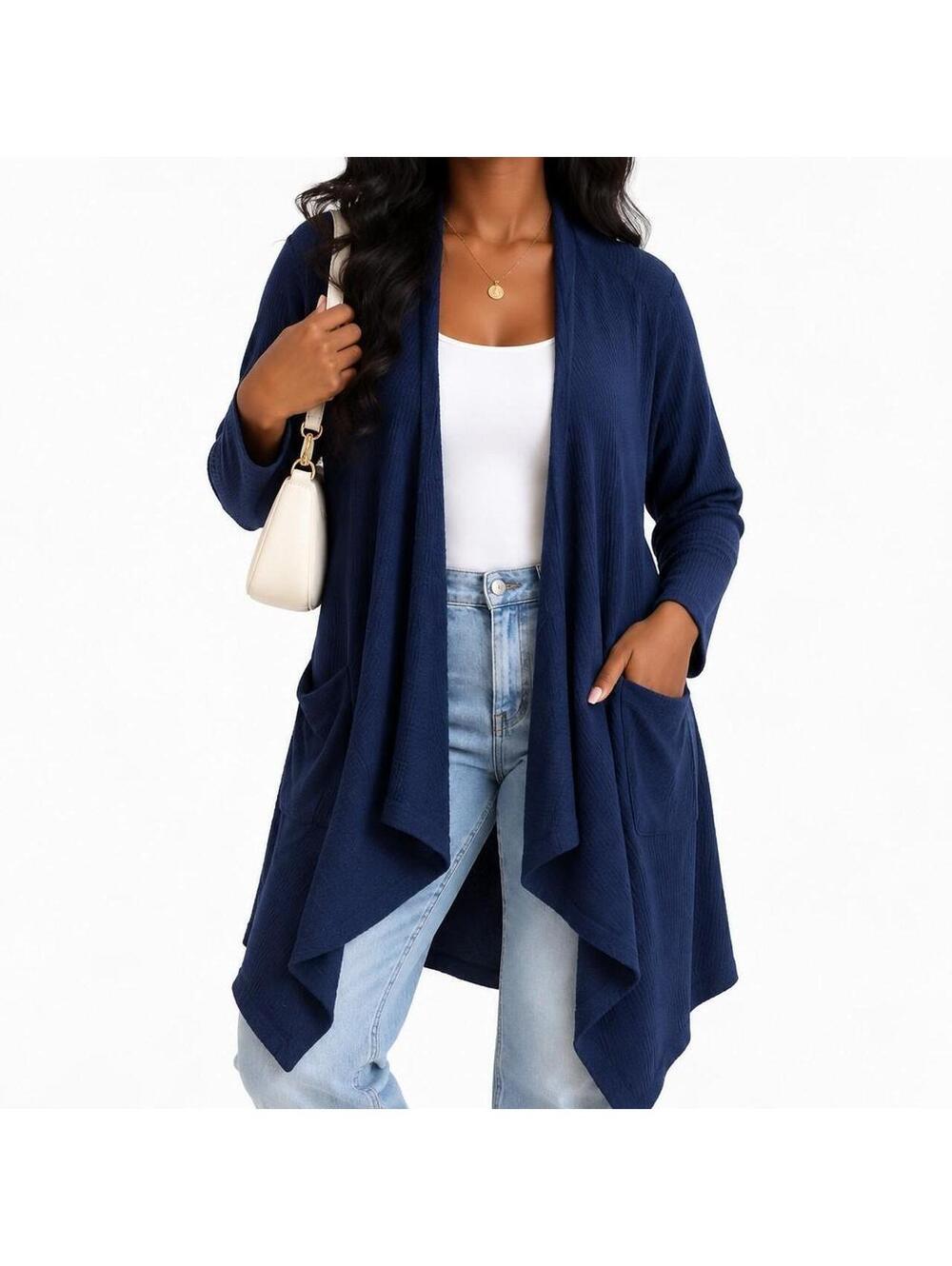 Coastal Grandmother Quiet Luxury Cozy Chic Navy Waterfall Longline Cardigan | 1X